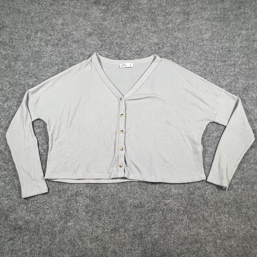 Hollister Cardigan Sweater Womens Medium Heathered Gray Ribbed Knit Crop V Neck